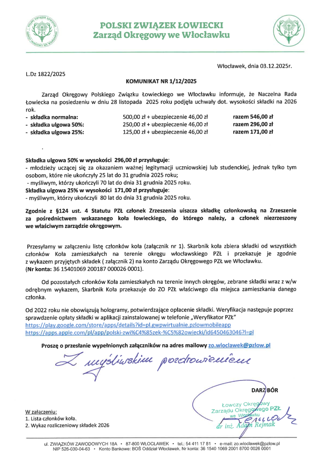 Komunikat nr 1/12/2025 | Składka członkowska PZŁ na 2026 r.